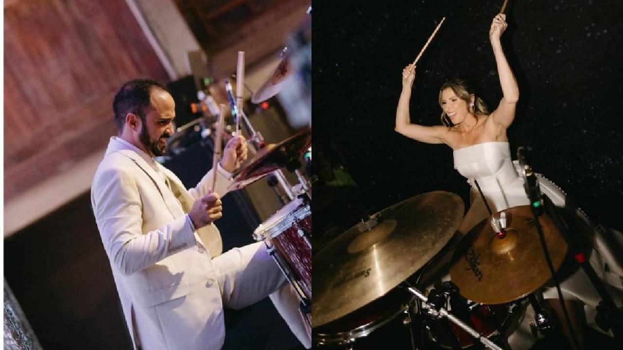 Mulher aprende a tocar bateria em segredo por três meses e surpreende noivo músico durante casamento