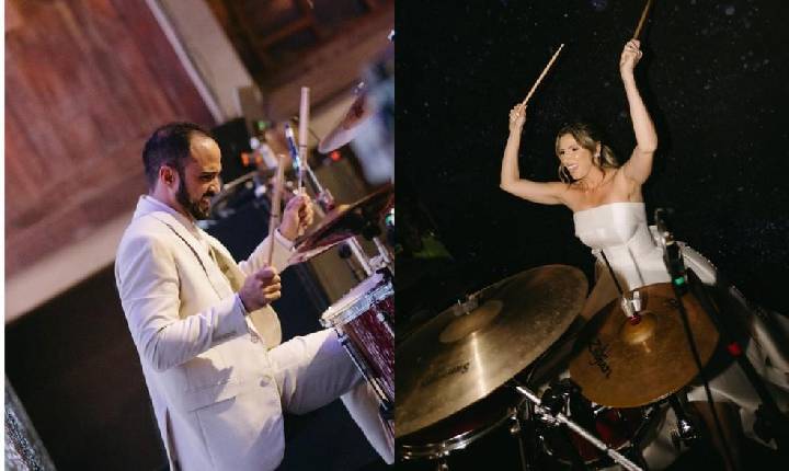 Mulher aprende a tocar bateria em segredo por três meses e surpreende noivo músico durante casamento