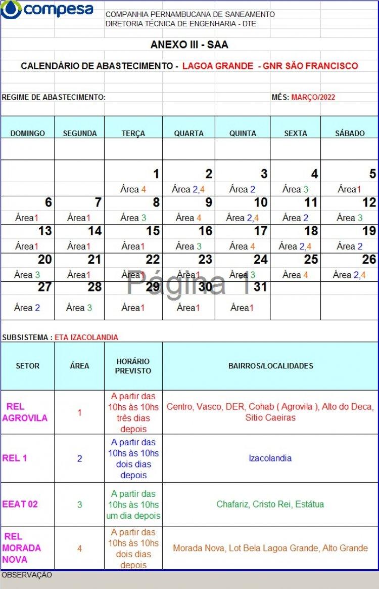 Compesa divulga calendário do abastecimento de água em Izacolândia e Lagoa Grande-PE neste mês de março