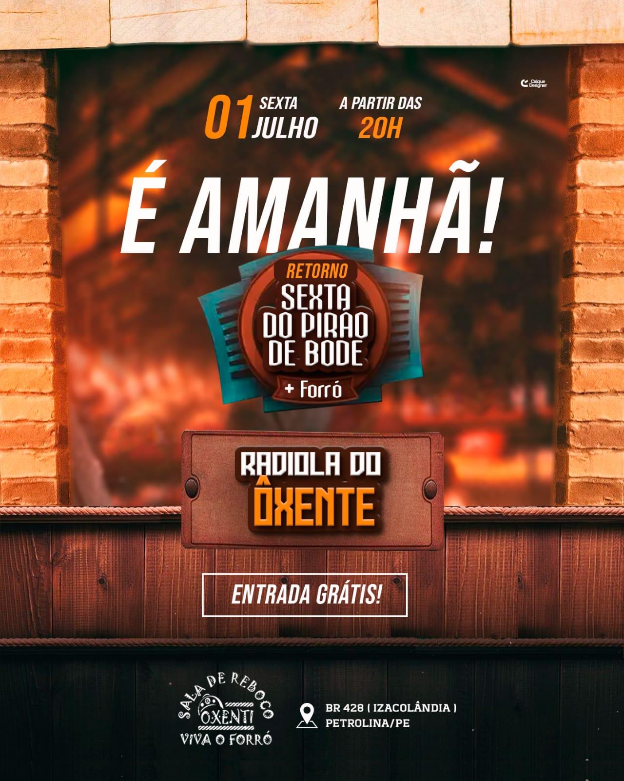 É AMANHÃ: Sala de Reboco Ôxenti promove 'Sexta do Pirão de Bode + Forró'