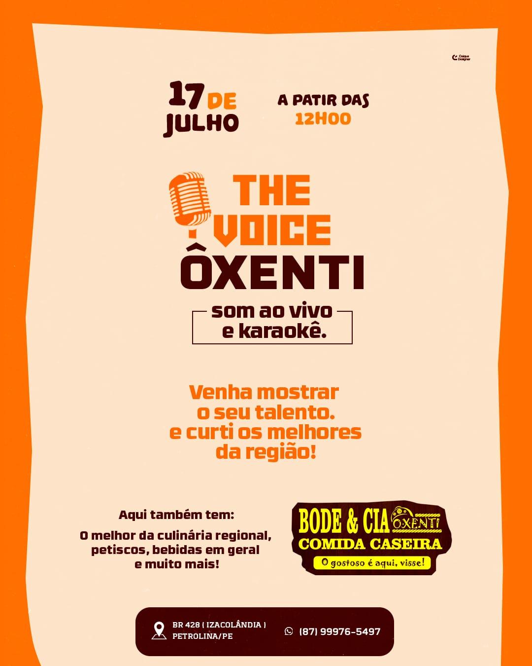 Restaurante Bode & Cia Ôxenti promove 'The Voice Ôxenti'; o lançamento do concurso musical será realizado domingo (17)
