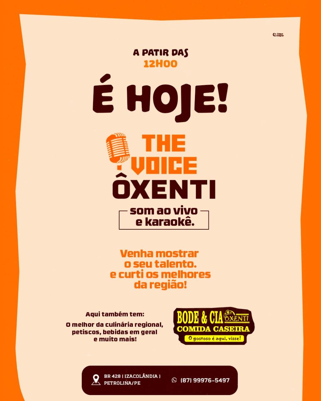 Restaurante Bode & Cia Ôxenti promove 'The Voice Ôxenti'; o lançamento do concurso musical será realizado hoje (17)
