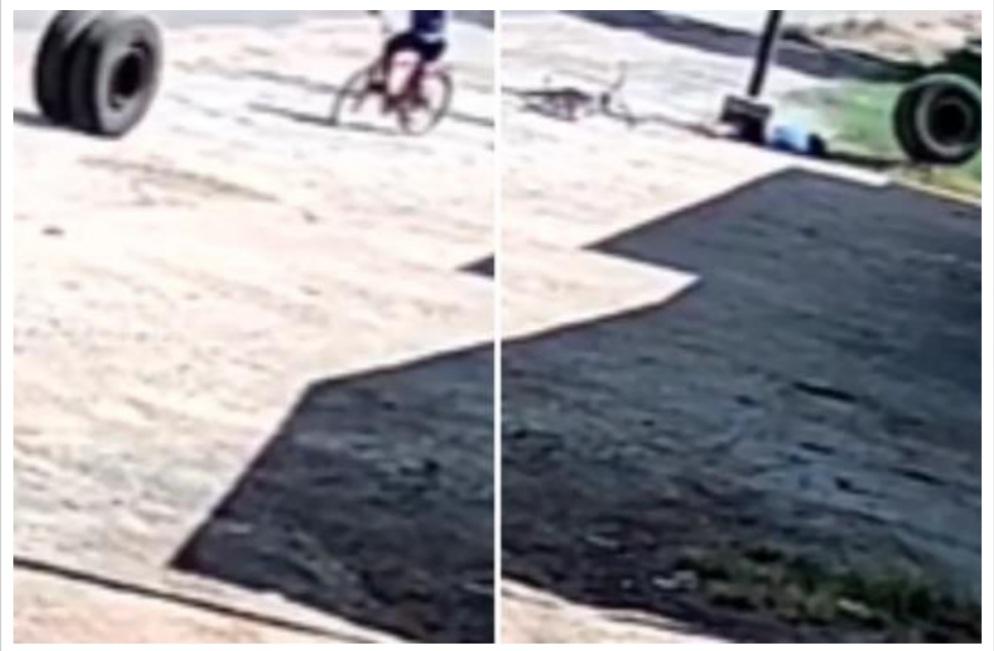 VÍDEO: Pneus de carreta se soltam e atingem violentamente mulher enquanto andava de bicicleta