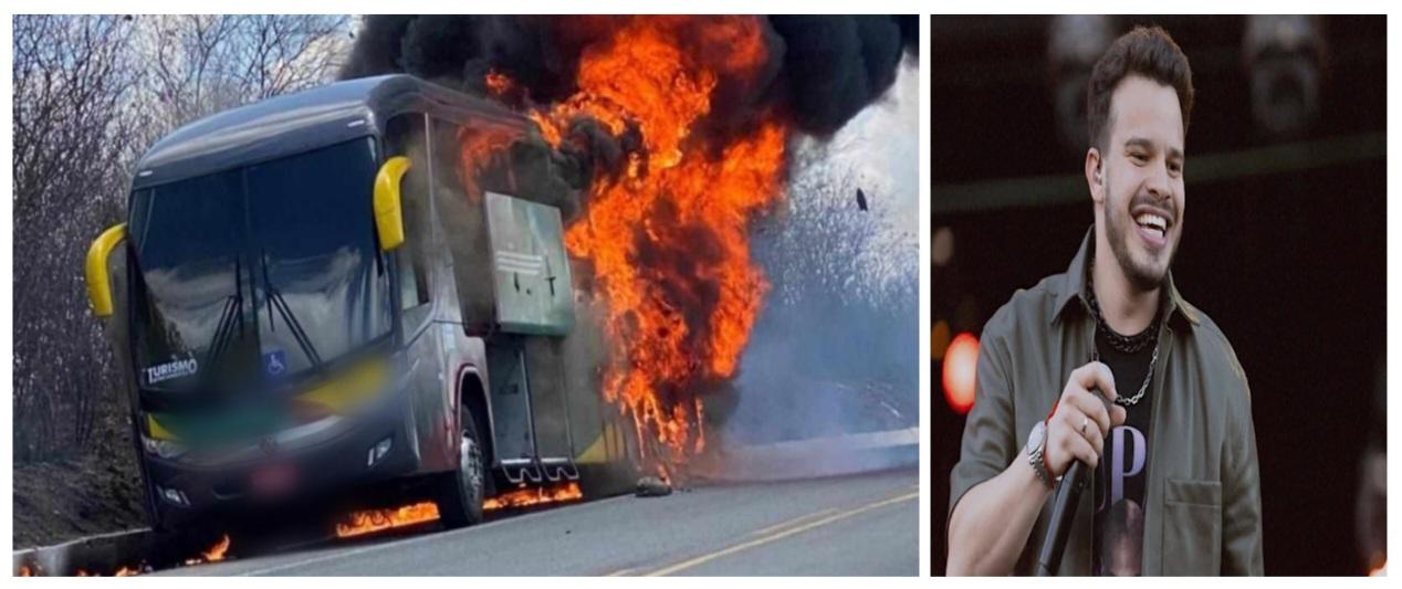 URGENTE: Ônibus com integrantes da banda do cantor Matheus Fernandes pega fogo no Ceará