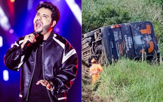 Acidente de trânsito com ônibus do cantor sertanejo Thiago Carvalho é registrado em Minas Gerais