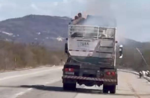 Caminhão é tomado por incêndio entre Lagoa Grande-PE e Petrolina-PE