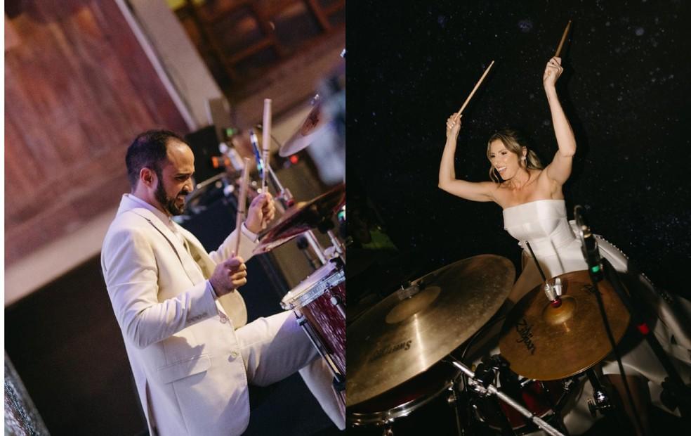 Mulher aprende a tocar bateria em segredo por três meses e surpreende noivo músico durante casamento